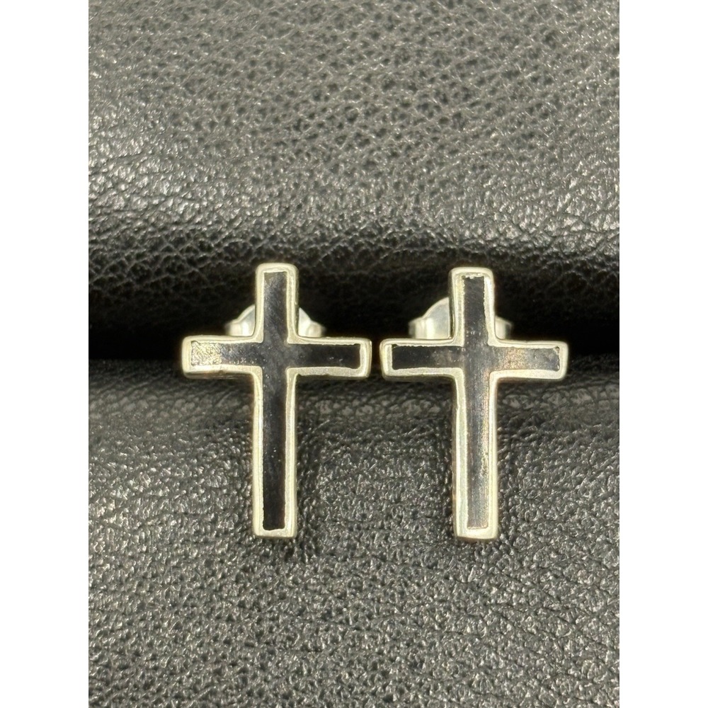 New Condition Sterling Silver Black Enamel Cross Earrings 925 E12